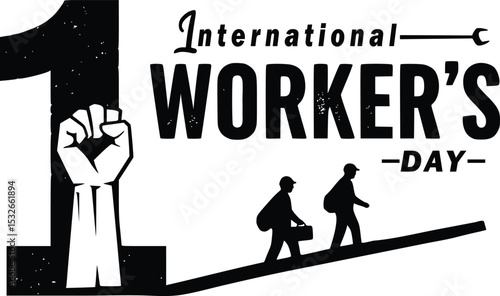  Silhouette international worker's day graphic with raised fist, retro font, wrench, and walking figures