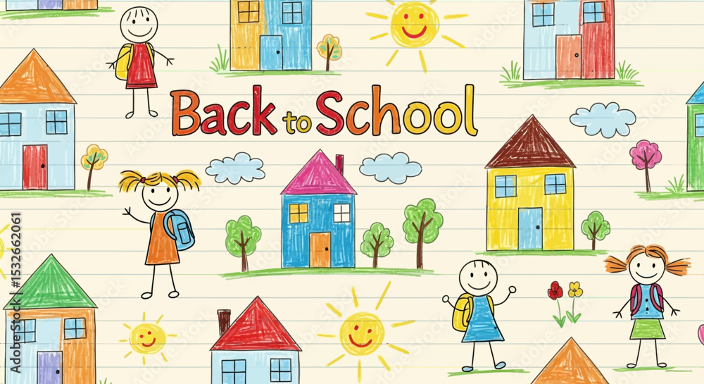 Back to School Colorful Illustration of Happy Children and Houses Back to School Colorful Illustration of Happy Children and Houses