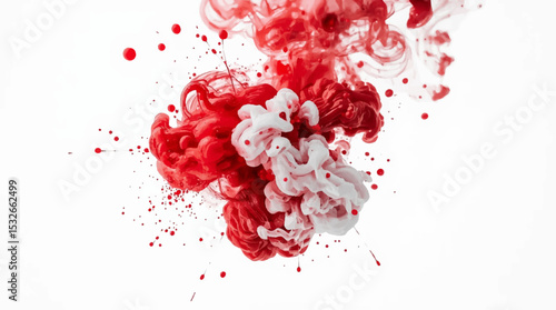 "Abstract red smoke swirl with ink-like splashes on a white background. Fluid motion, vibrant energy, and translucent textures create a dynamic, artistic visual perfect for modern design themes"