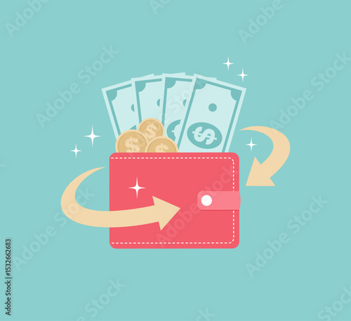Wallet filled with bills and coins, with a golden cashback arrow around it. Flat vector illustration
