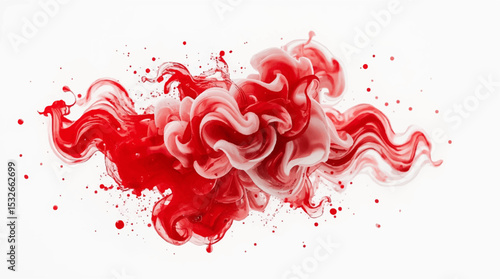 "Abstract red smoke swirl with ink-like splashes on a white background. Fluid motion, vibrant energy, and translucent textures create a dynamic, artistic visual perfect for modern design themes"