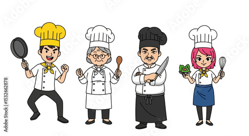 Diverse Chefs Cartoon Illustration  A Culinary Team of Four Unique Cooks