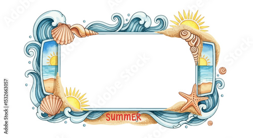 Summer Beach Waves Ocean Seashells Sun Frame Illustration