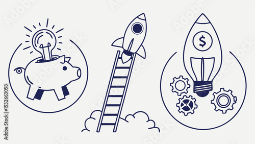 Illustration of piggy bank with lightbulb, rocket on ladder, and lightbulb with dollar sign and gears design