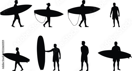 Silhouette of surfers walking, standing, and carrying boards capturing freedom, adventure, and coastal lifestyle