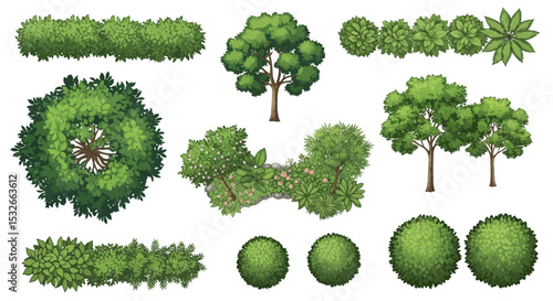 Collection of Top-Down View Green Trees and Bushes for Landscape Design