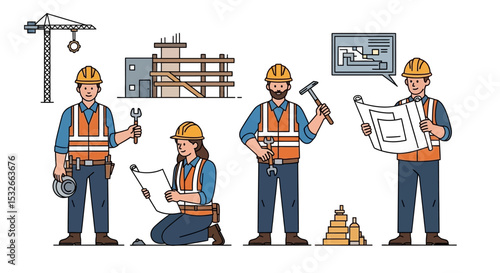 Construction Workers Diverse Team of Architects, Engineers, and Builders