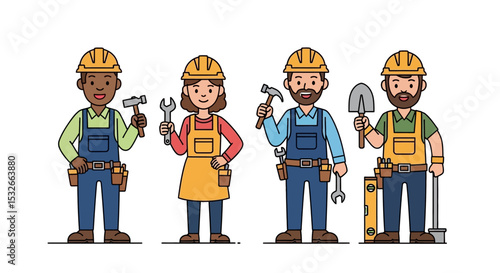 Diverse Team of Construction Workers Illustration of Skilled Tradespeople
