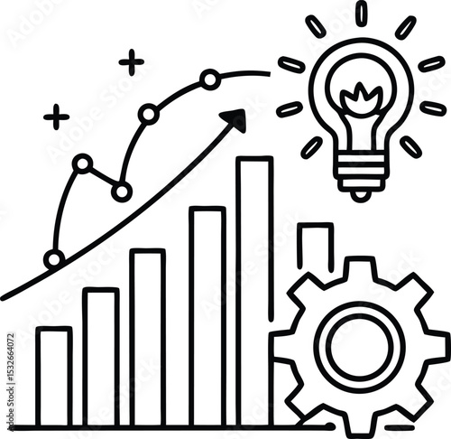 Growth Concept with Line Chart, Bar Graph, Arrow, Idea Light Bulb, and Gear Icon