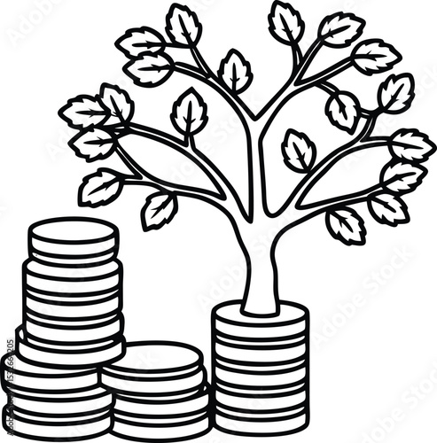 Linear Money Tree Growing from Coins with Additional Coin Stacks, Isolated