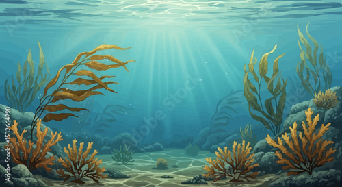 Underwater Scene Sunbeams Illuminate Kelp Forest and Ocean Floor