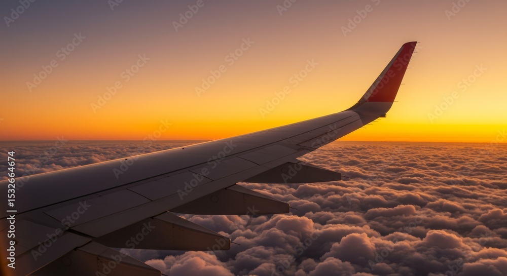Obraz premium Aerial View from Airplane Window showcasing Airplane Wing Above the Clouds at Sunset