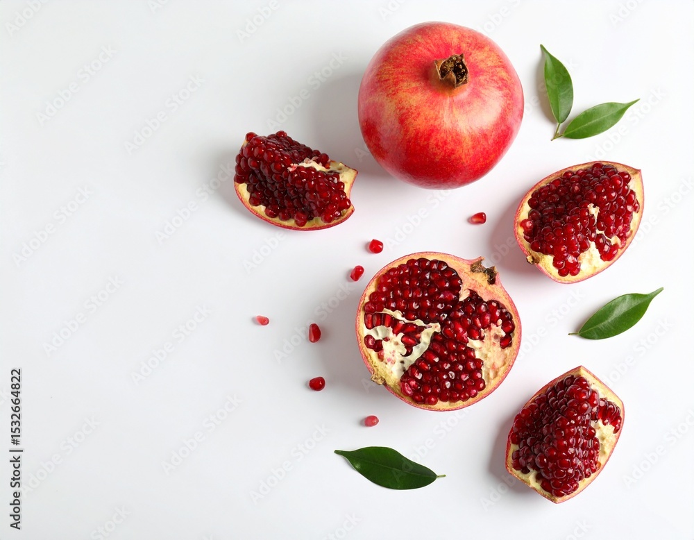 Overhead View of Pomegranate Fruit with Seeds and Green Leaves on White Overhead View of Pomegranate Fruit with Seeds and Green Leaves on White
