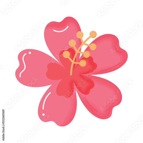 Pink tropical flower isolated on transparent background with watercolour texture. Summer tropical flower.Tropical flora. Flower icon.  Cartoon flat style. Design element for web. Vector illustration