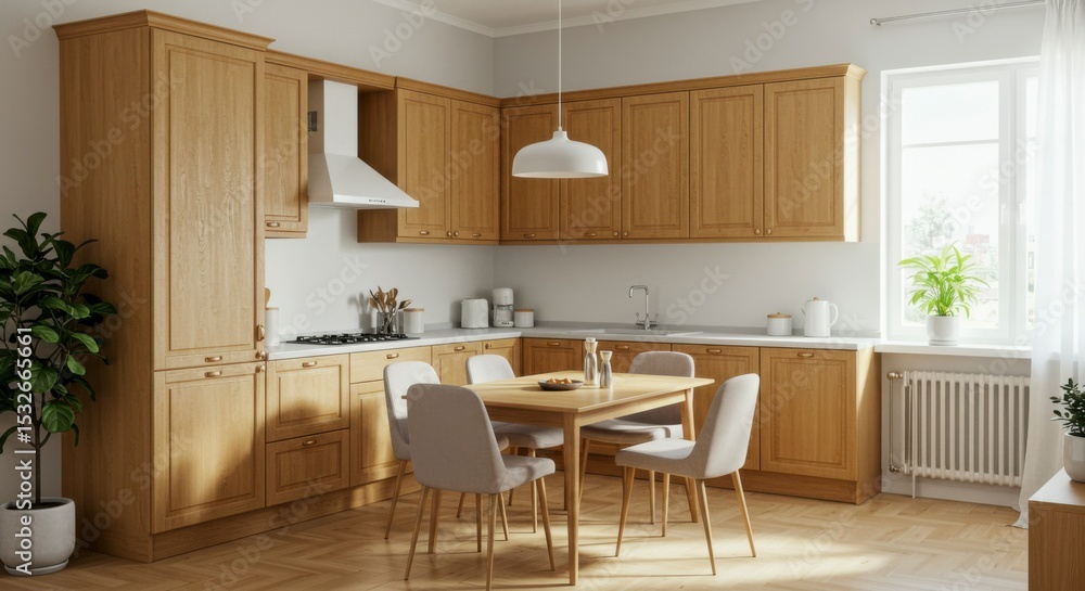 Light-filled kitchen with wooden cabinetry, a dining table, and four chairs. Plants add a touch of nature Light-filled kitchen with wooden cabinetry, a dining table, and four chairs. Plants add a touch of nature