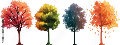 Autumn trees with colorful fall foliage, isolated against a white background, embodying the vibrant season