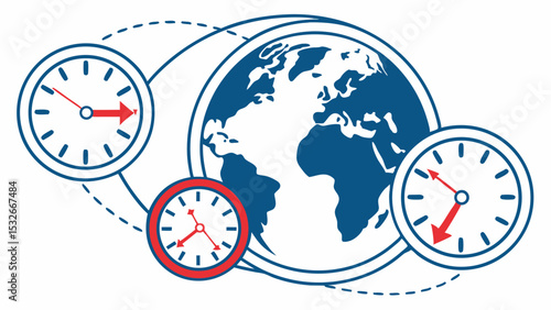 Illustration depicting three clocks showing different times around a blue globe outline design concept