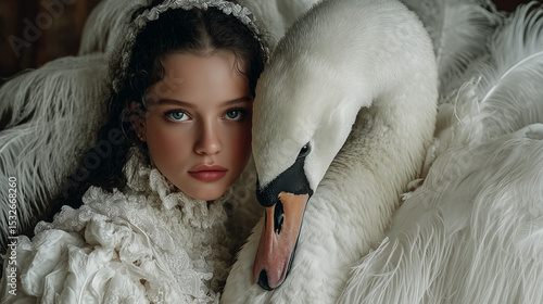 Beautiful angel woman teenage and her white swan.