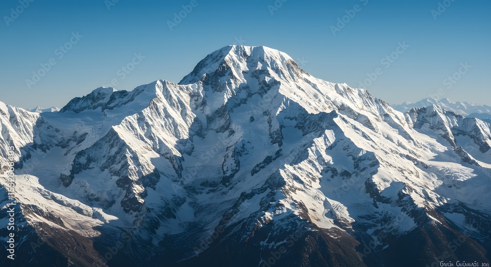 Obraz premium Snow-covered mountain range under clear blue sky, high-resolution landscape, natural light
