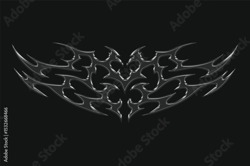 3d chrome metal of y2k tribal sigilism heart tatto. Flame shape in liquid mercury. 3d illustration of abstract neo tribal cyber sigil metallic melted modern burn form, design element. 3D Illustration
