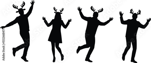 Lively silhouette illustration of four people in reindeer costumes dancing energetically, celebrating Christmas and winter joy

