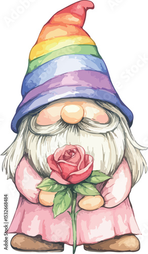 Watercolor Gnome with Rainbow Hat and Rose a charming illustration perfect for greeting cards invitations and decorations bringing a touch of whimsy and color to