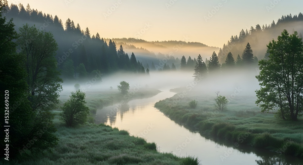 Fototapeta premium Misty morning in a valley with a river winding through, peaceful and calm atmosphere