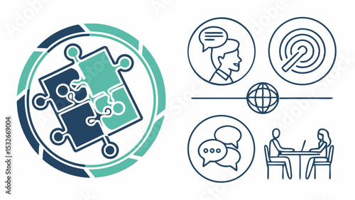 Illustration showing teamwork with puzzle pieces, communication icons, and people collaborating together