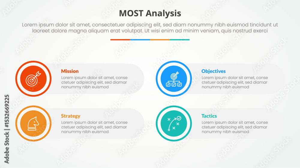 Fototapeta premium MOST analysis infographic concept for slide presentation with big circle on outline with round rectangle box with 4 point list with flat style
