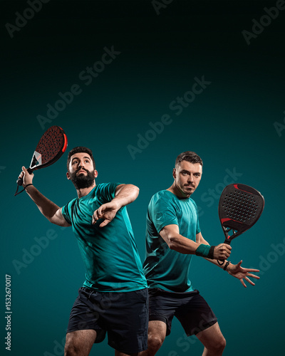 Two professional padel players with rackets on green background. Open social tournament template.