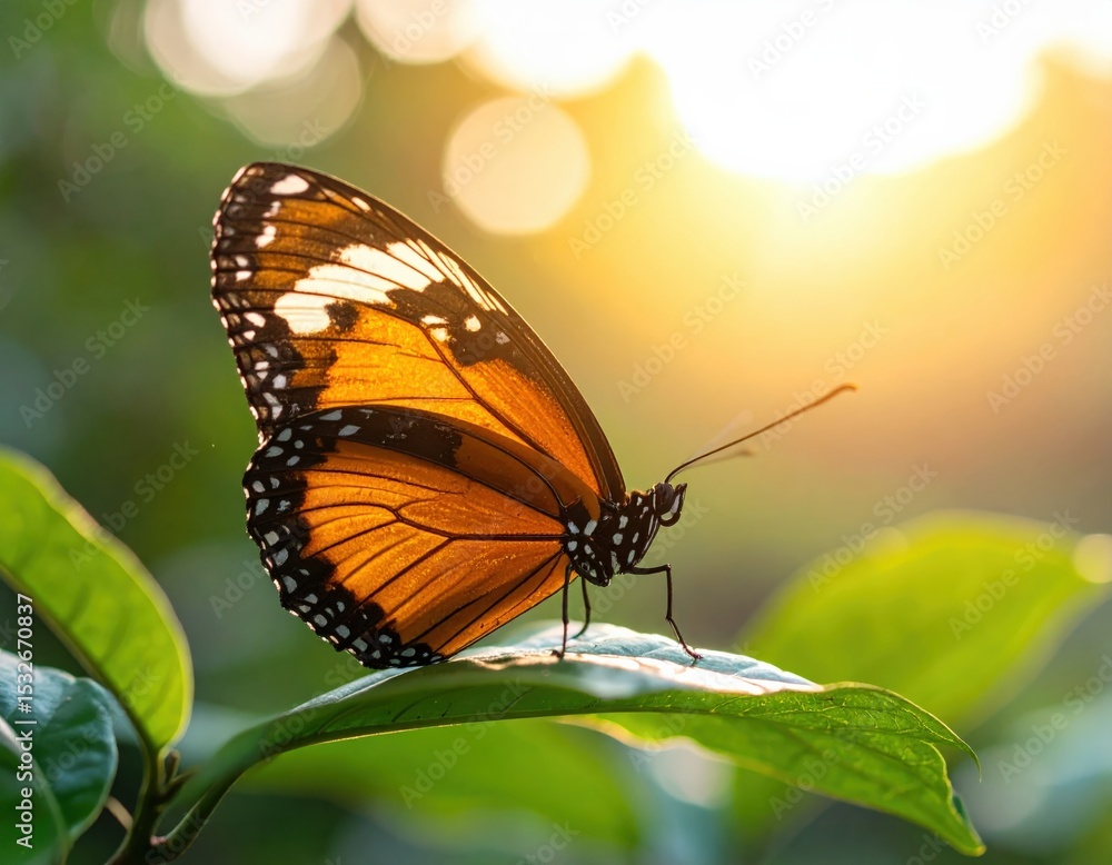 Fototapeta premium Stunning butterfly perched on leaf at sunrise nature photography calm environment close-up viewpoint