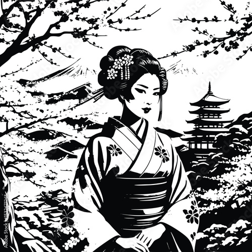 Elegant geisha with sakura blossoms japanese woman and cherry tree design