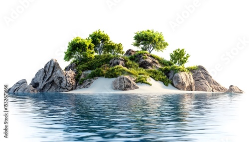 A serene, tropical island with lush vegetation and sandy shore.