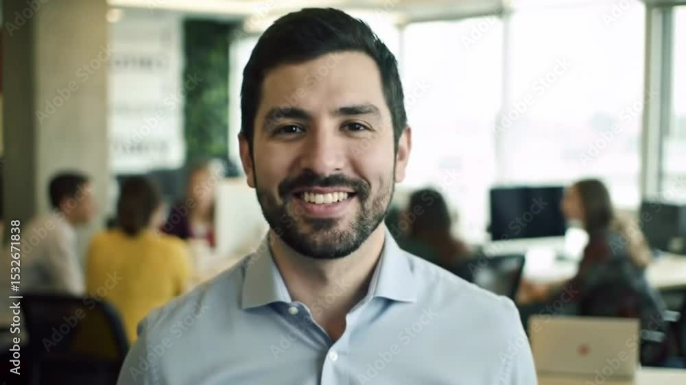 A smiling man in a modern office setting, embodying teamwork and positivity. A smiling man in a modern office setting, embodying teamwork and positivity.
