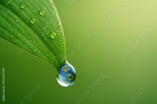 A single water droplet falling on a vibrant green leaf, symbolizing freshness and nature's purity.