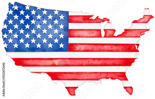 United States of America flag in map shape watercolor illustration