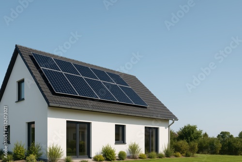 Modern house with solar panels on the roof, clean energy, sustainability concept