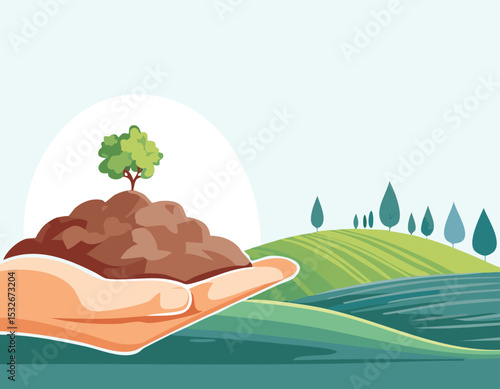 Hand holding fertile soil with small green sprout, illustrated in flat design style. Peaceful farmlands and soft clouds create a nature-inspired concept on a white background with space for text.