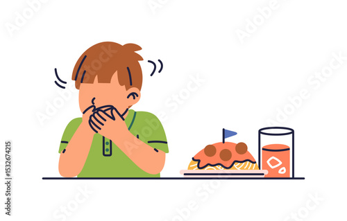 The boy covered his mouth with both hands and refused to eat his meal, spaghetti and juices. Male children that picky eater has no appetite. Flat illustration vector isolated on white background