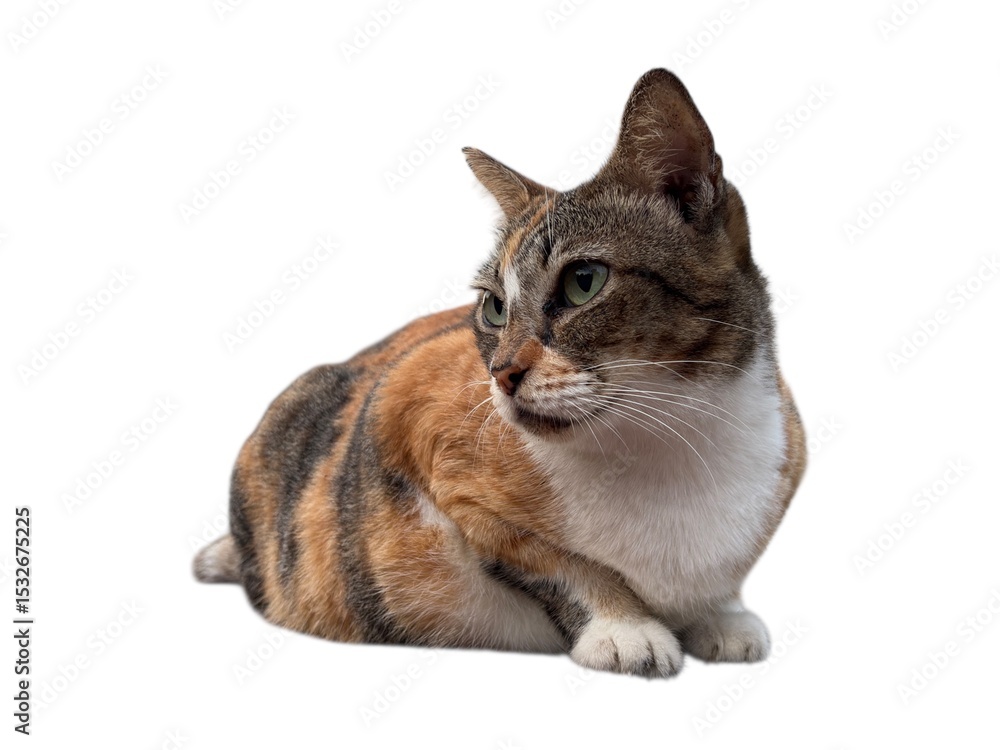 Obraz premium A female cat showcasing a serene and attentive posture isolated on white background. The cat is on guard so as not to be disturbed by other cats