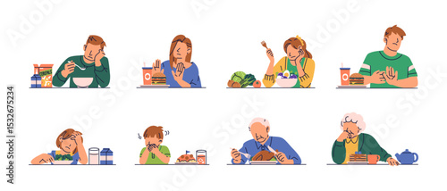 Set of people at every age with no appetite, refusing to eat and skipping meals for reasons such as dieting, health, illness, picky, and age. Flat vector illustration isolated on white background