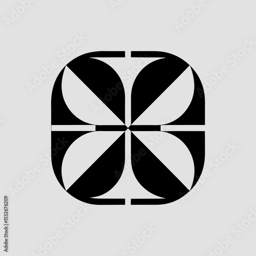 Create an intricate modular logo icon for a portfolio management brand. Use a component-based layout with squares and triangles arranged in a balanced composition. The logo should reflect diversificat