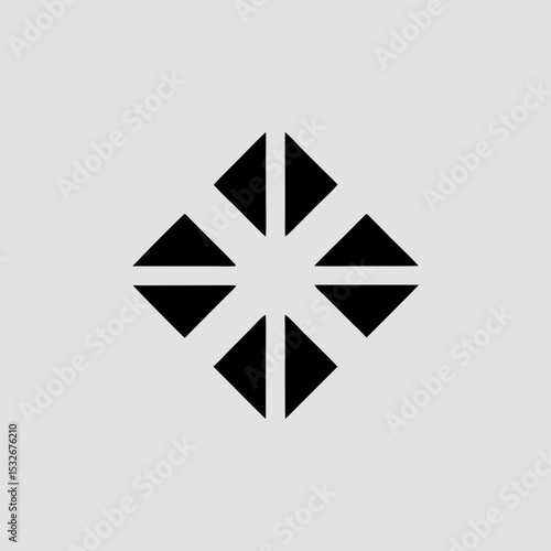 Create an intricate modular logo icon for a portfolio management brand. Use a component-based layout with squares and triangles arranged in a balanced composition. The logo should reflect diversificat