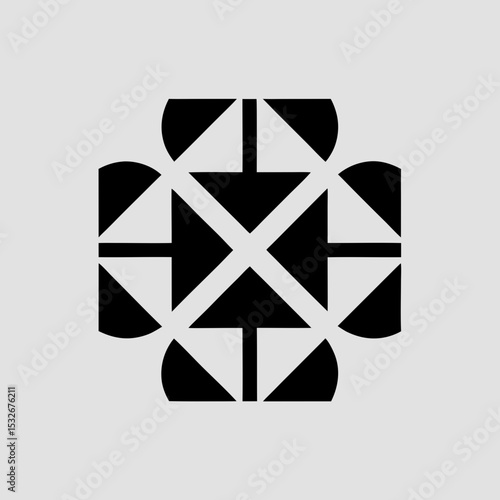 Create an intricate modular logo icon for a portfolio management brand. Use a component-based layout with squares and triangles arranged in a balanced composition. The logo should reflect diversificat