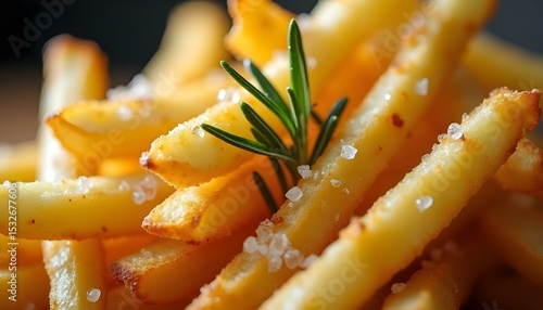 A close-up macro shot of crispy golden French fries, sprinkled with flaky sea salt 