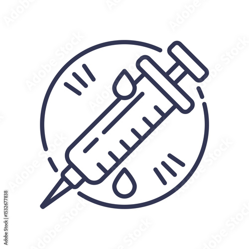 Line art icon of a syringe with a needle and drops of liquid, inside a circle. Represents medical administration, vaccination, and timely drug delivery.