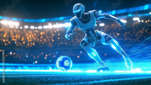 Futuristic humanoid robot showcasing advanced soccer skills in a vibrant stadium during a high-tech match