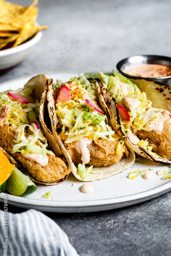 A plate of crispy fish tacos with lettuce, radish, and sauce, served with lime wedges and a side of tortilla chips.