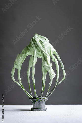 A metal whisk covered in a light green whipped mixture against a gray background.