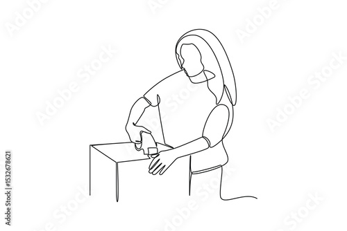 one continuous line draw of The female courier glued the box with duct tape. Courier activity minimalist concept. Delivery at simple line design.